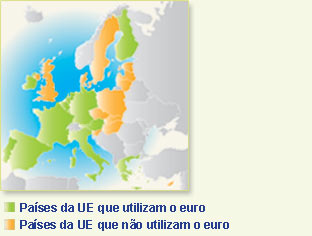 Mapa que apresenta os pases da UE que adoptaram o euro e os pases da EU que no utilizam o euro